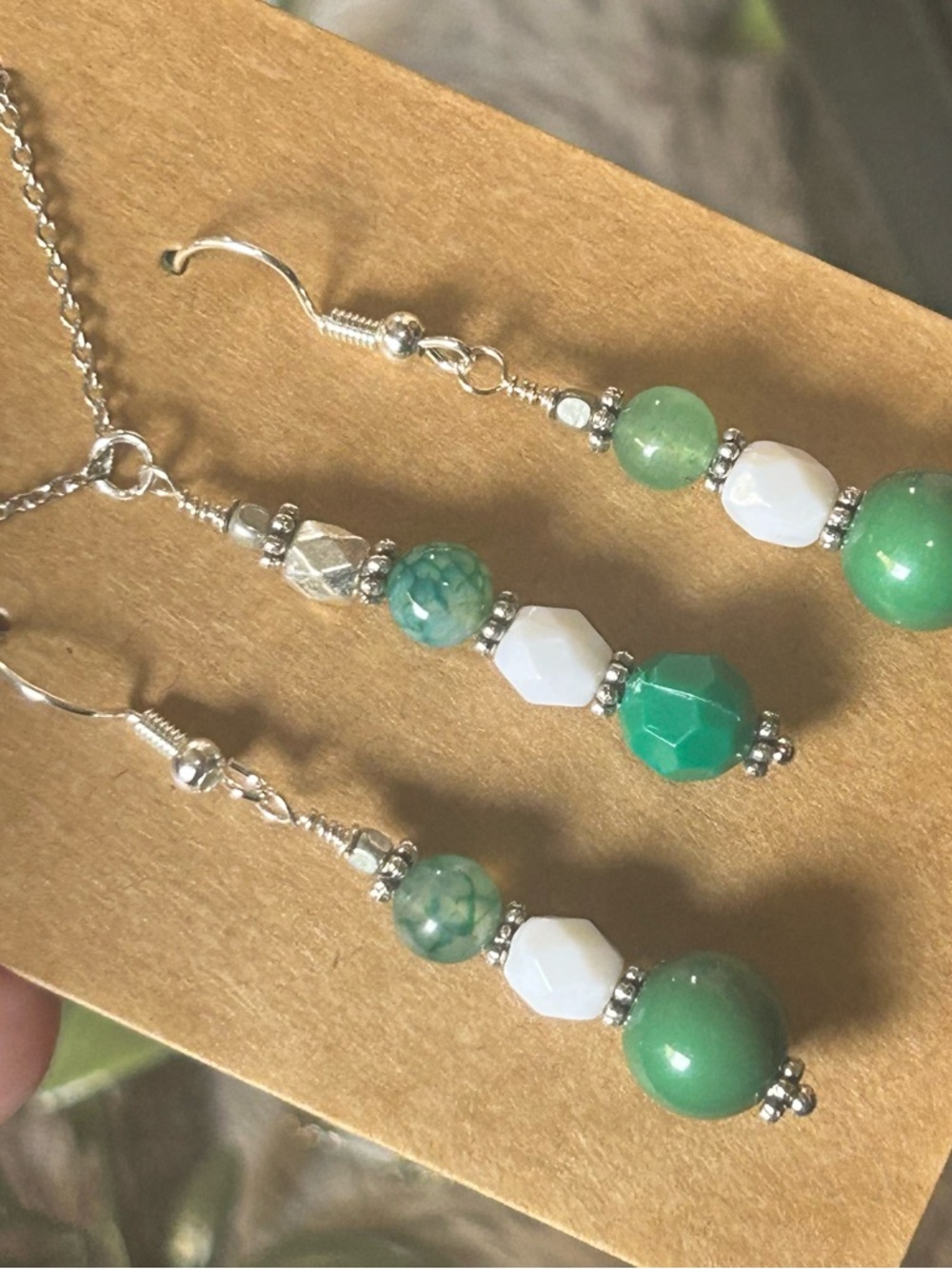 Handcrafted faceted milk glass dragon vein agate necklace and earring set